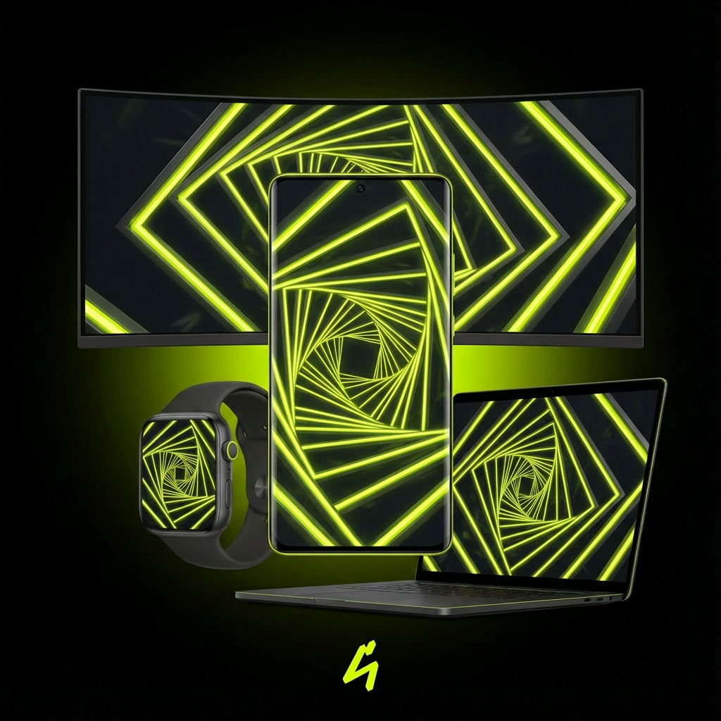 S4U Neon Spiral wallpaper mockup showing repeating neon lime geometric tunnel lines on ultrawide monitor, smartphone, laptop and smartwatch screens.