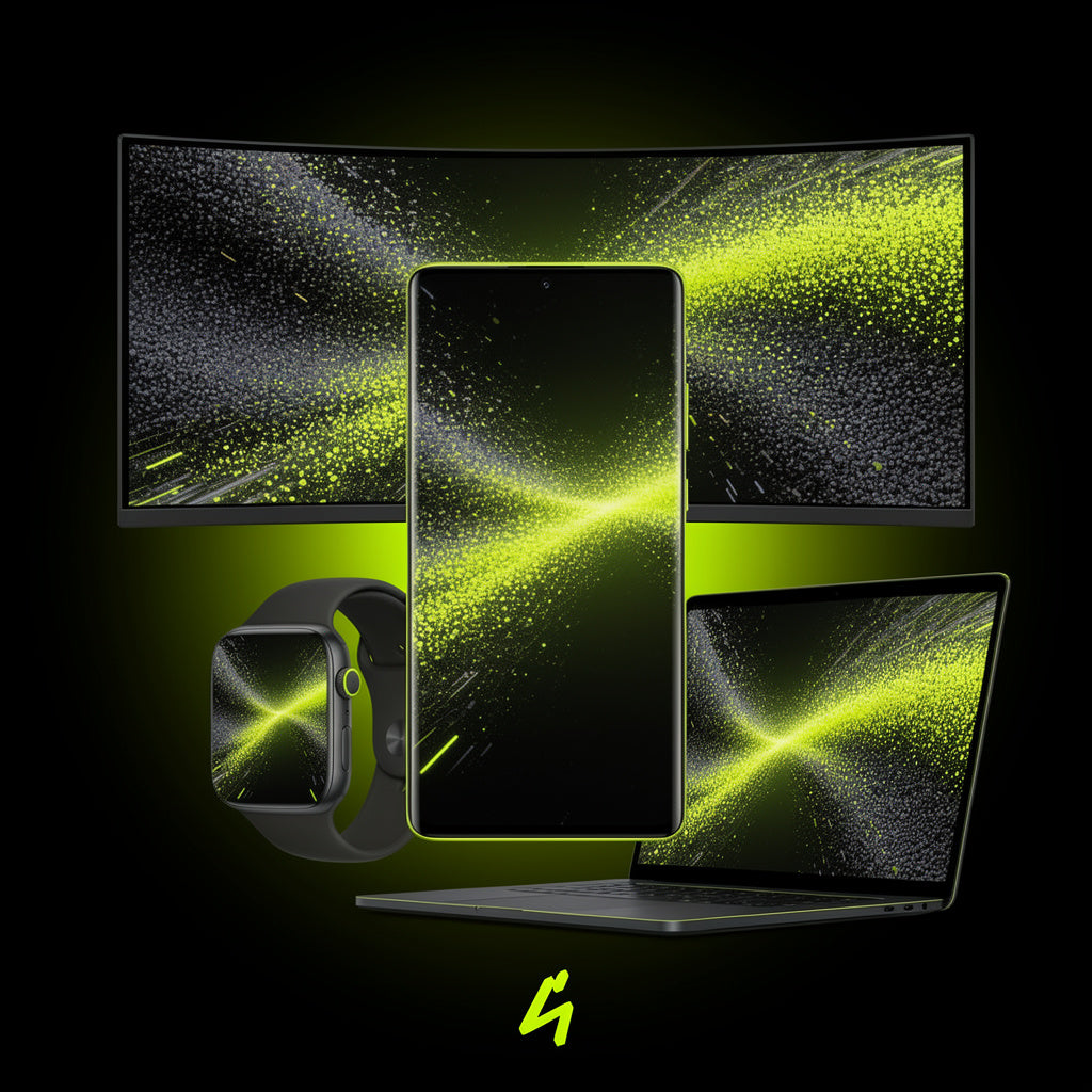 S4U Particle Drift wallpaper mockup showing a field of tiny particles and a sweeping neon lime wave on ultrawide monitor, smartphone, laptop and smartwatch screens.