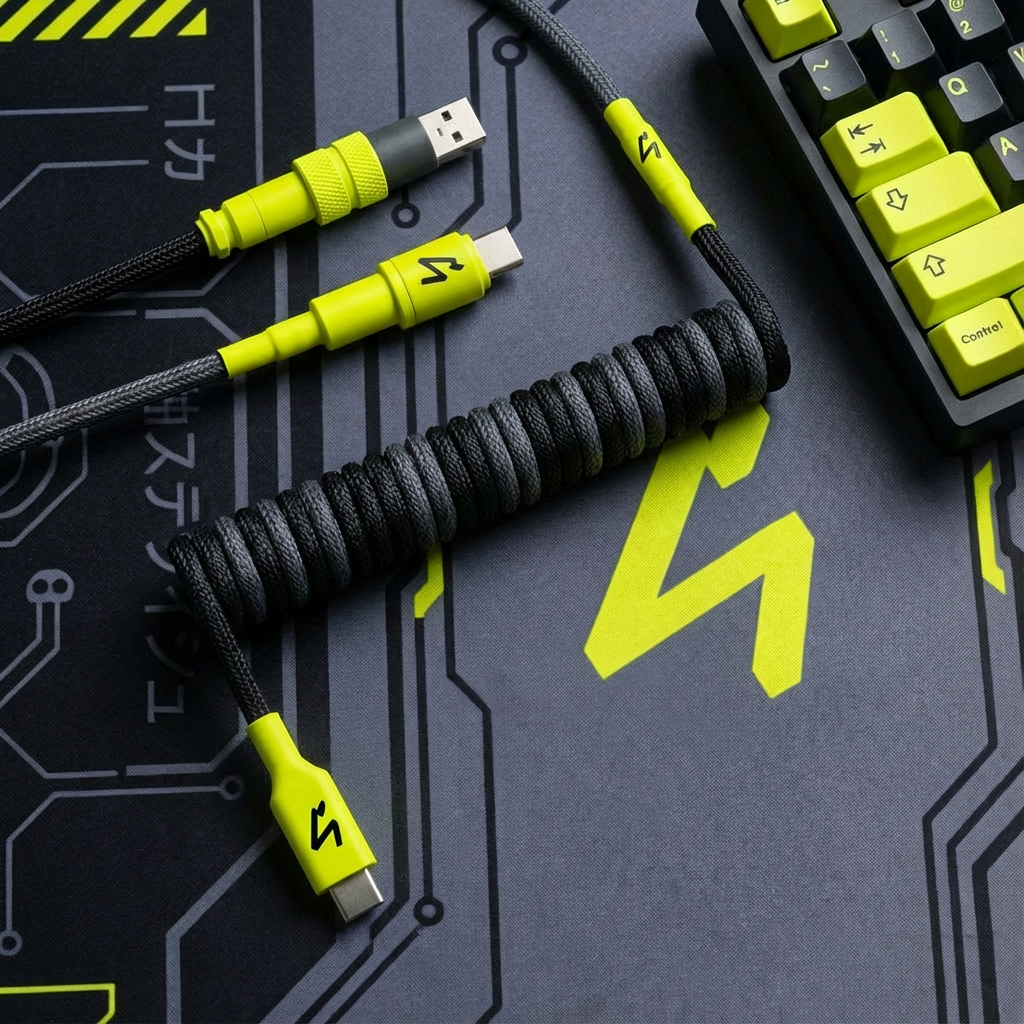 S4U custom coiled keyboard cables with braided sleeving and aviator connectors in black, gray and neon lime