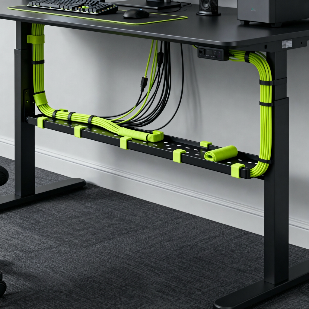 S4U cable management setup with under-desk tray, clips and sleeves keeping all PC and monitor cables hidden