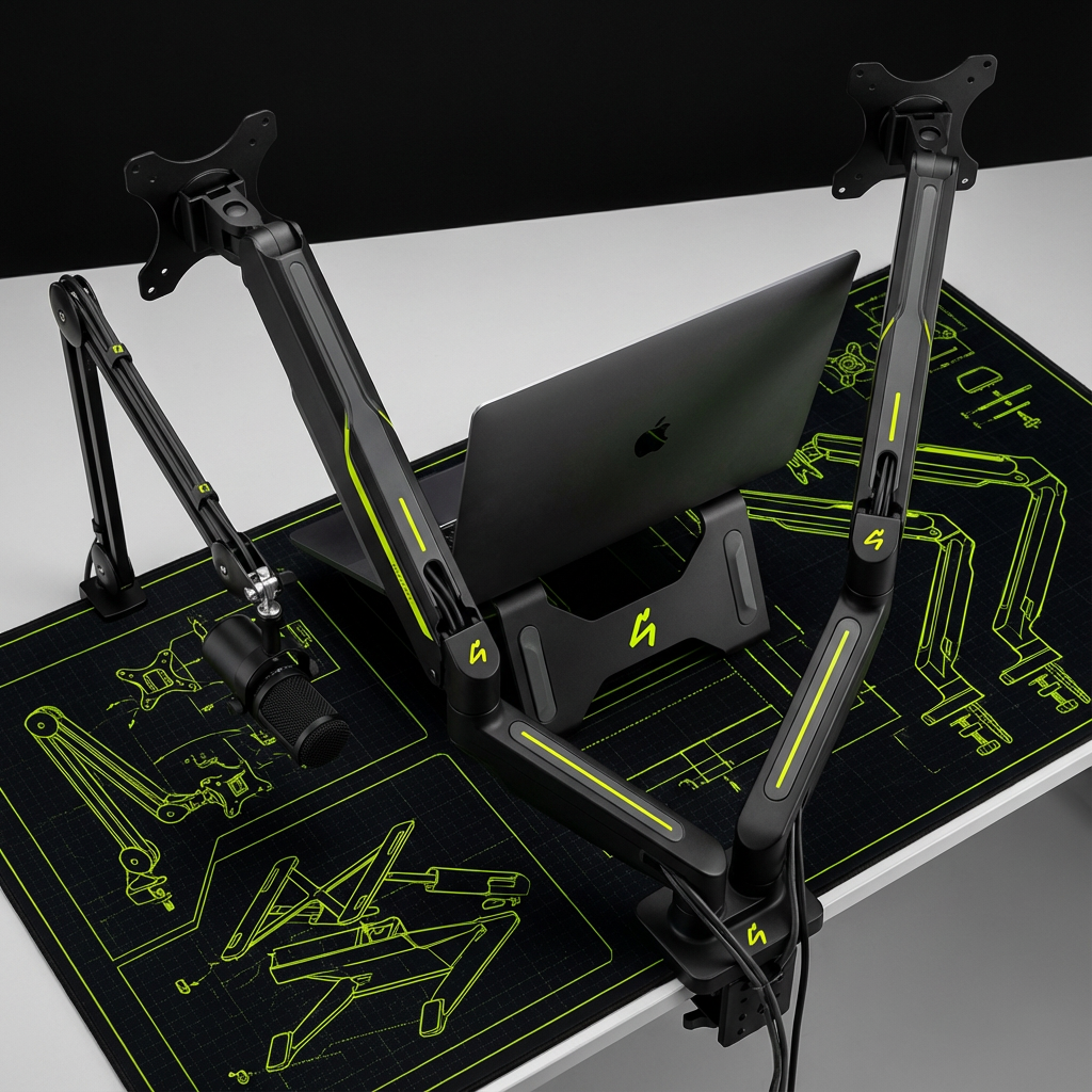 S4U monitor setup with light bar, stand and riser on a dark desk, eye-friendly lighting for gaming and work