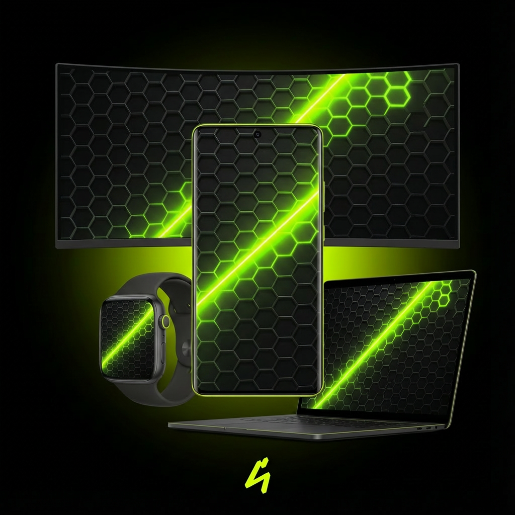 S4U Hex Beam wallpaper mockup showing a dark hexagon grid cut by a bright diagonal neon lime beam on ultrawide monitor, smartphone, laptop and smartwatch screens.