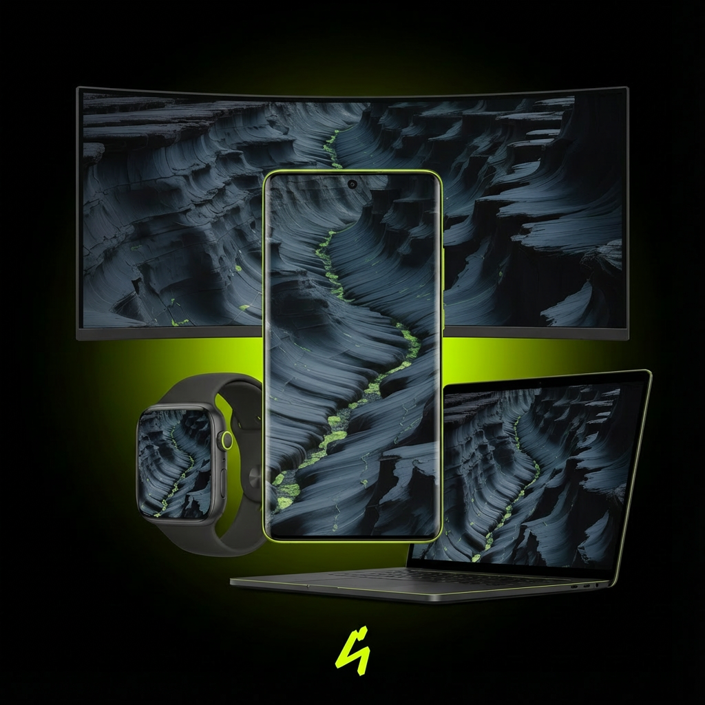 S4U Neon Canyon wallpaper mockup showing dark rock canyon walls with neon lime river lines across ultrawide monitor, smartphone, laptop and smartwatch screens.