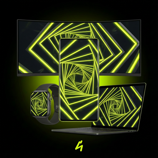 S4U Neon Spiral wallpaper mockup showing repeating neon lime geometric tunnel lines on ultrawide monitor, smartphone, laptop and smartwatch screens.