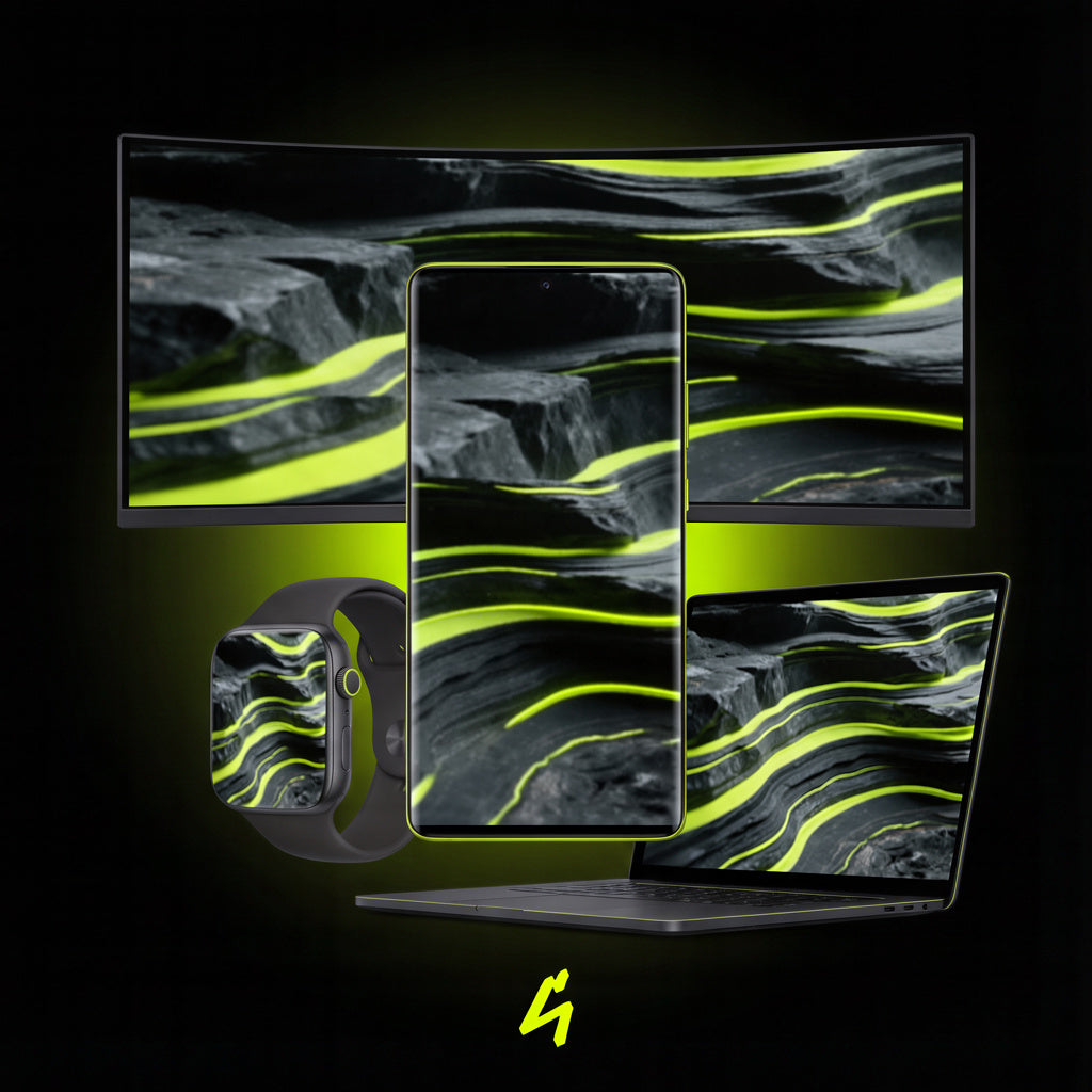 S4U Neon Strata wallpaper mockup showing layered stone textures with flowing neon lime lines across ultrawide monitor, smartphone, laptop and smartwatch screens.