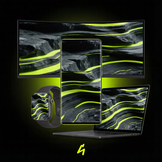 S4U Neon Strata wallpaper mockup showing layered stone textures with flowing neon lime lines across ultrawide monitor, smartphone, laptop and smartwatch screens.