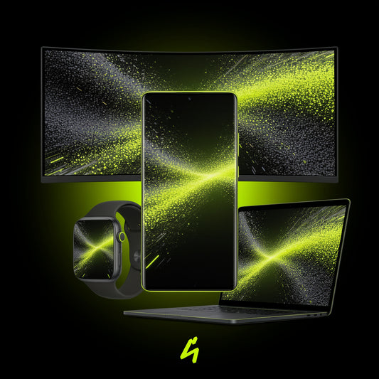 S4U Particle Drift wallpaper mockup showing a field of tiny particles and a sweeping neon lime wave on ultrawide monitor, smartphone, laptop and smartwatch screens.