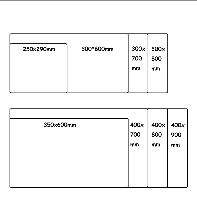 Diagram showing all available RGB mousepad sizes