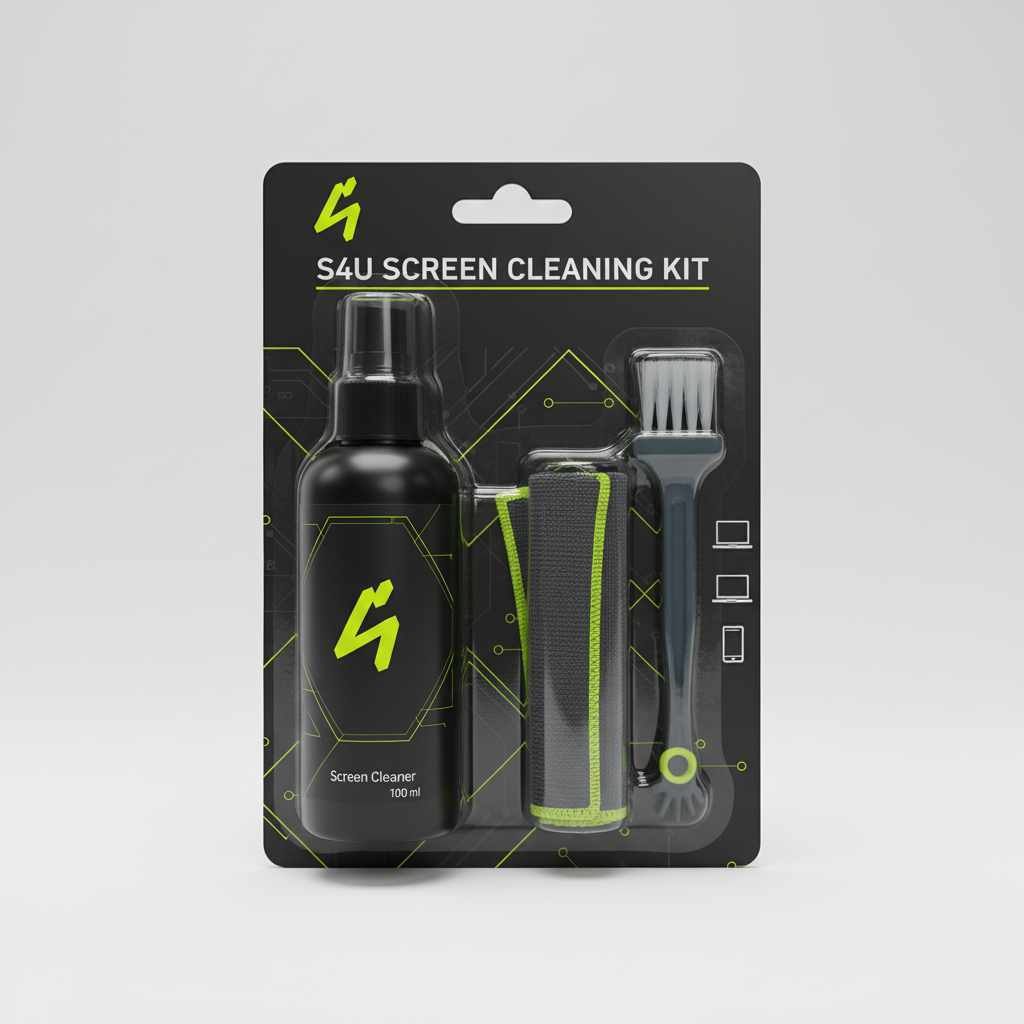 S4U screen cleaning kit with 100ml spray, microfiber cloth and brush in dark-tech packaging