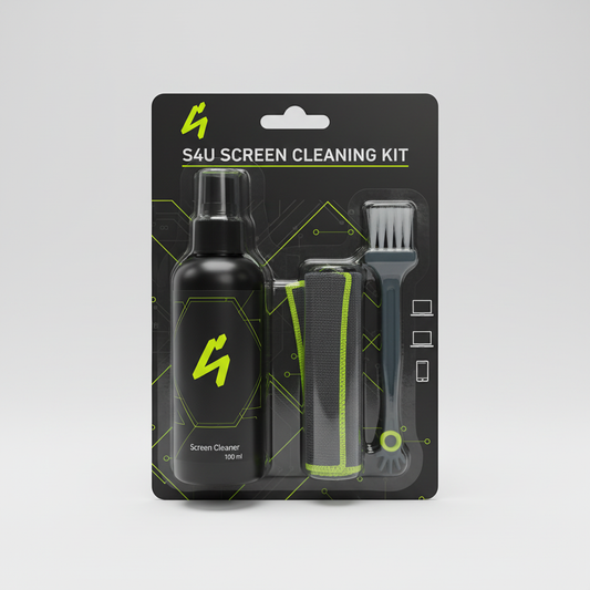 S4U screen cleaning kit with 100ml spray, microfiber cloth and brush in dark-tech packaging