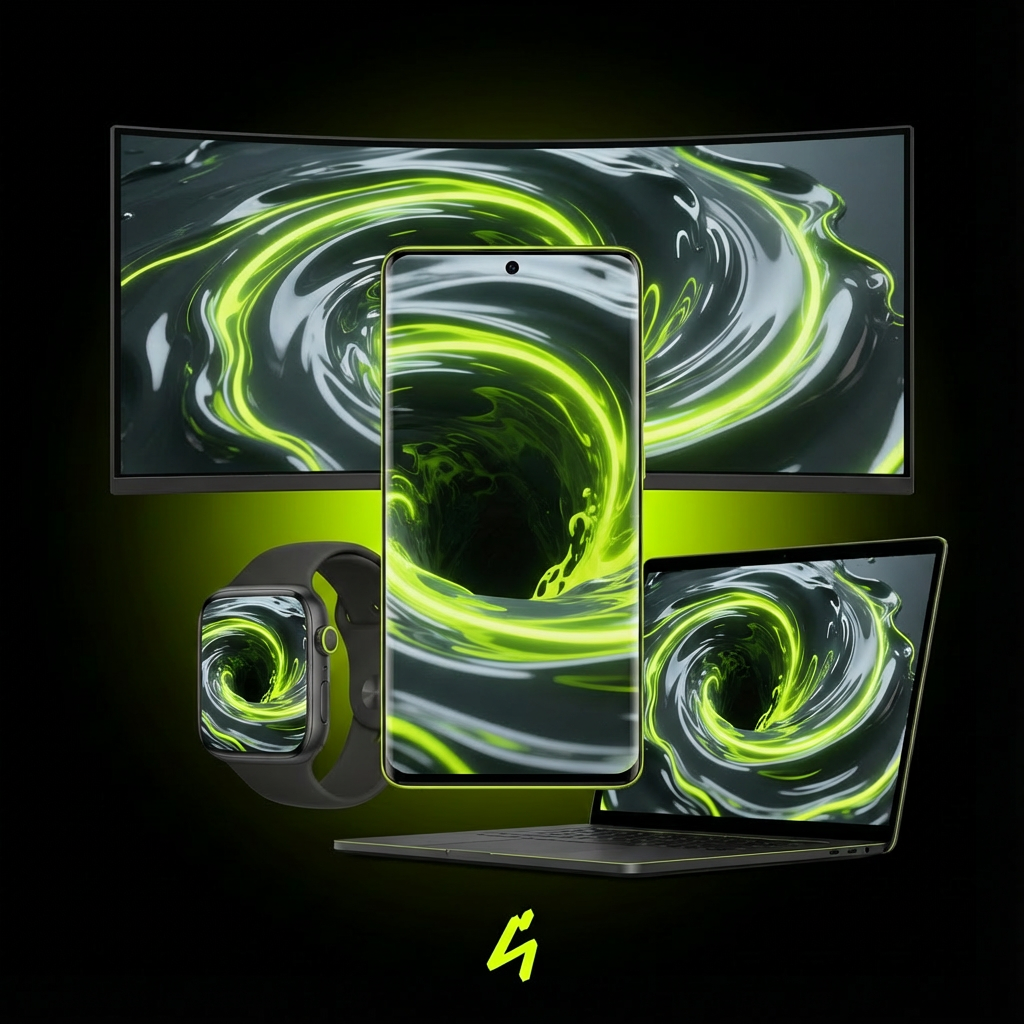 S4U Vortex Core wallpaper mockup showing a dark black and neon lime vortex design on ultrawide monitor, smartphone, laptop and smartwatch screens against a black background.