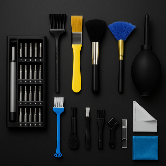 Collection of cleaning tools including brushes, a blower, and a tool set on a black background