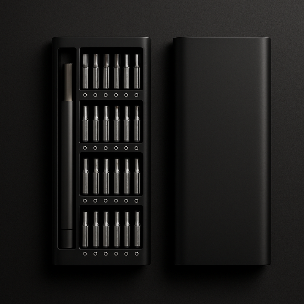 Black toolbox with screwdriver bits on a black background