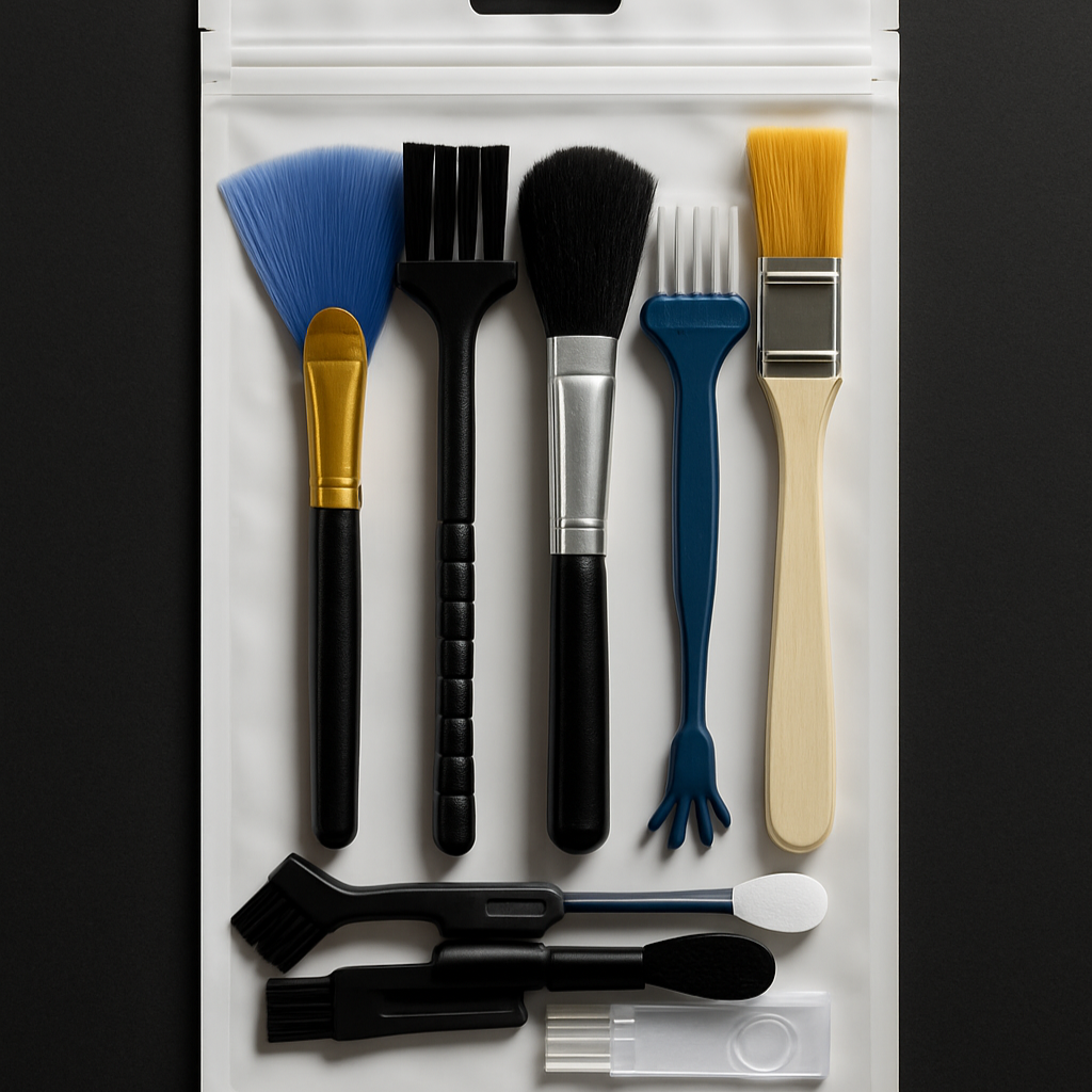 Set of makeup brushes in a white packaging on a black background