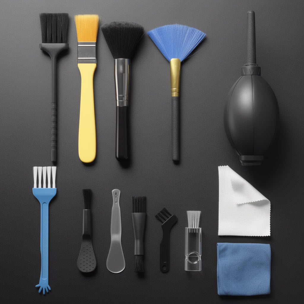 Collection of cleaning tools including brushes and a cloth on a dark background
