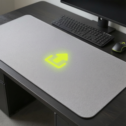 Custom non‑RGB gaming mousepad with uploaded design filling the surface on a clean desk next to a monitor and keyboard.