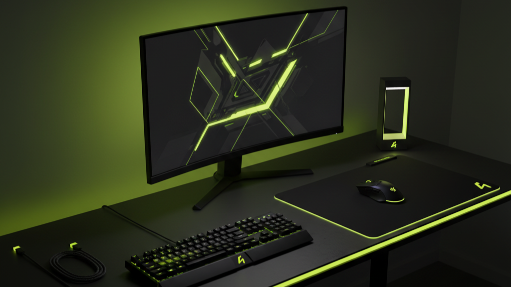 S4U neon gaming desk setup with keyboard, mouse and extended mousepad on dark desk