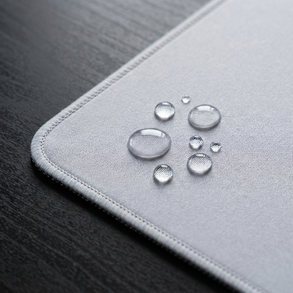 Close‑up of custom mousepad surface with water droplets on the printed cloth top, showing the water‑resistant coating.