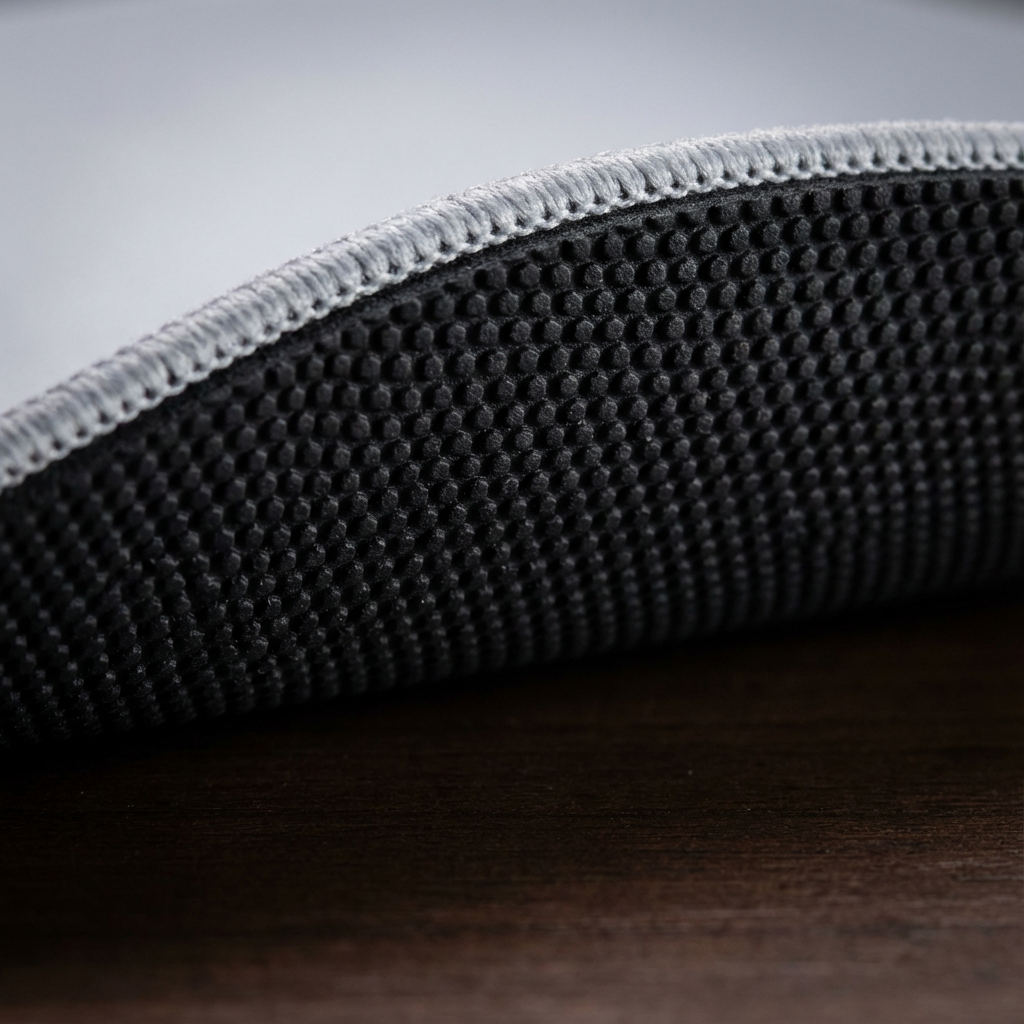 Side view of custom mousepad edge showing printed cloth top and thick black non‑slip rubber base.